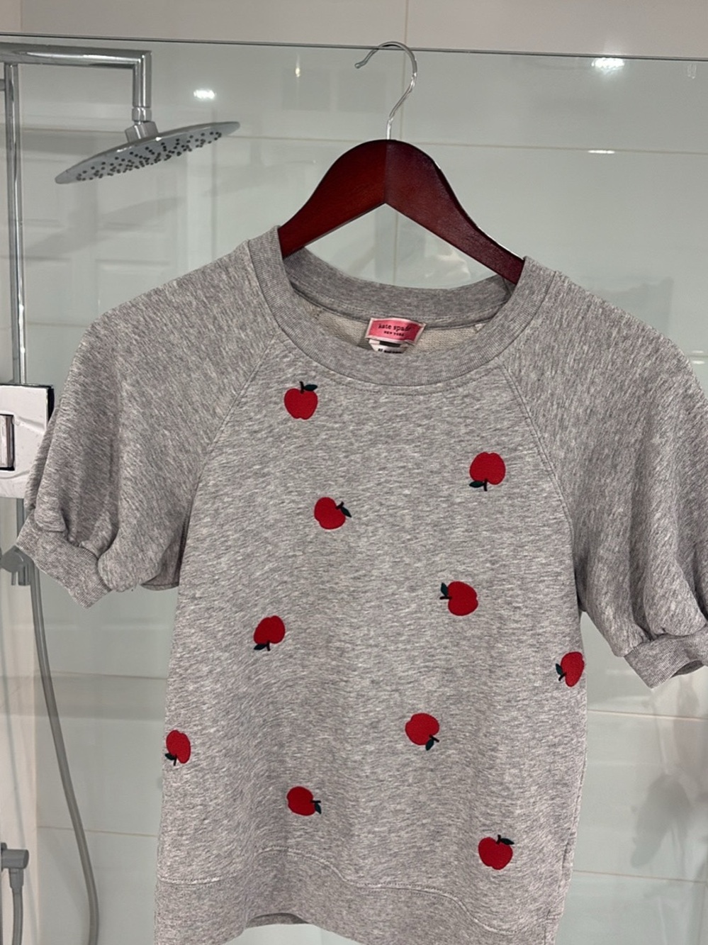 kate spade Gray Short-Sleeve Sweatshirt with Red Apple Embroidery